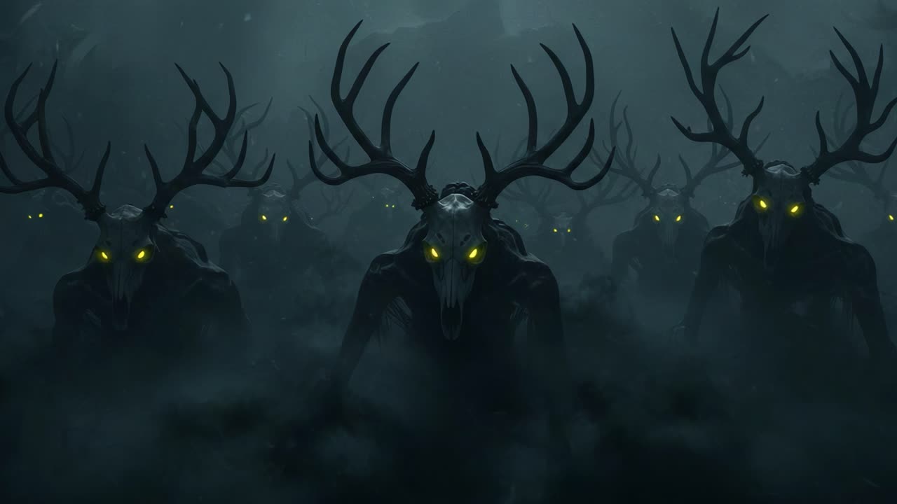 A haunting procession of shadowy figures, adorned with imposing antlers and glowing yellow eyes, emerges from the mist, evoking a chilling atmosphere of fear and intrigue