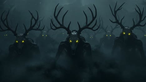 a haunting procession of shadowy figures, adorned with imposing antlers and glowing yellow eyes, emerges from the mist, evoking a chilling atmosphere of fear and intrigue