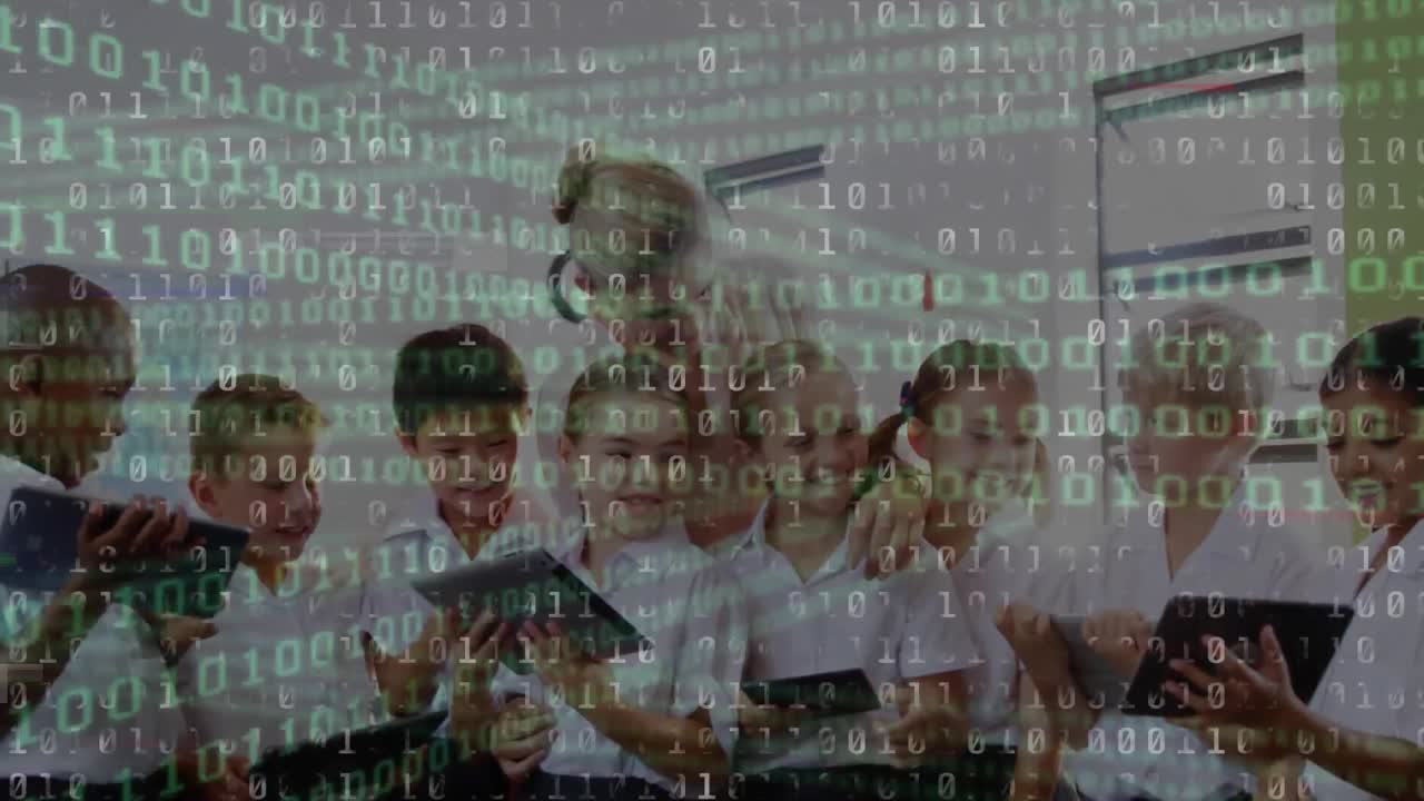 Binary coding data processing against female teacher and group of students using digital tablet