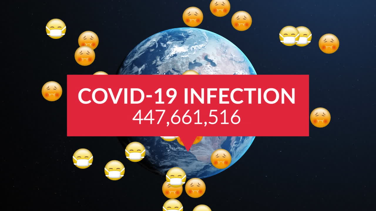 코로나 19 데이터 처리 및 지구상의 얼굴 마스크와 함께 여러 병자 이모티콘의 애니메이션