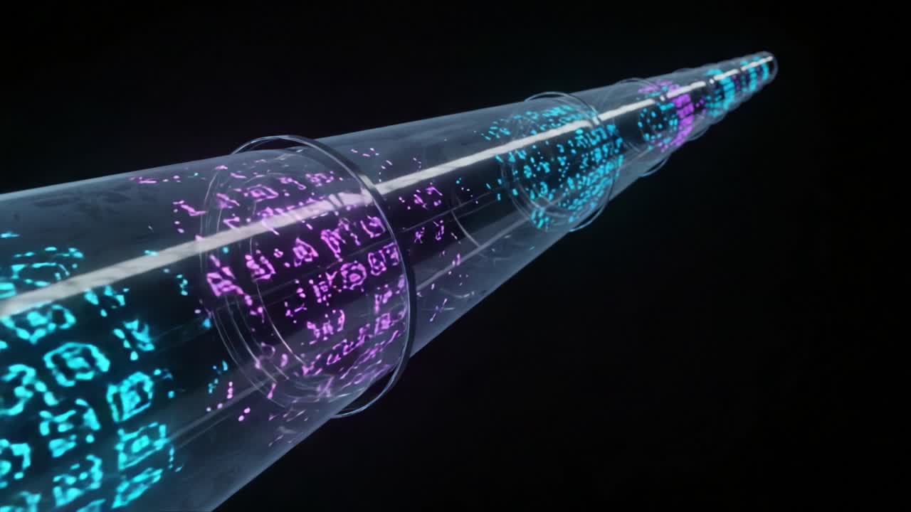 A Stunning Visualization of Data Flow: A Futuristic Tube Emitting Vibrant Neon Colors Representing Digital Information in a Dark Environment