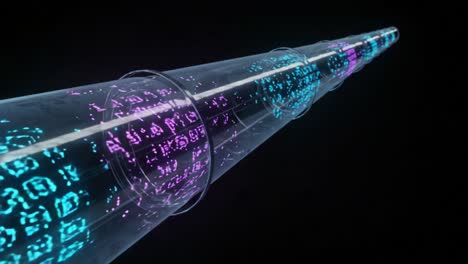 a stunning visualization of data flow: a futuristic tube emitting vibrant neon colors representing digital information in a dark environment