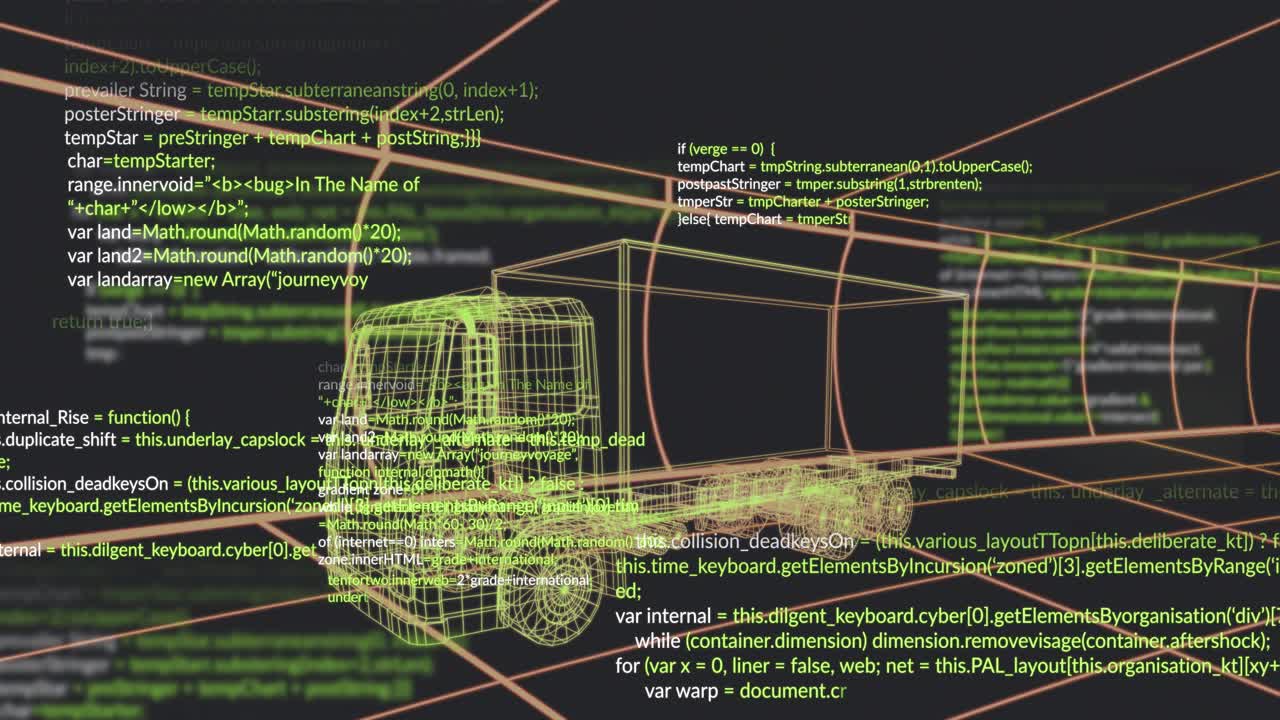 Tredje billede: Startkode, der ruller over en gul 3D-wireframe lastbil i et orange gitter, som viser datastrøm.