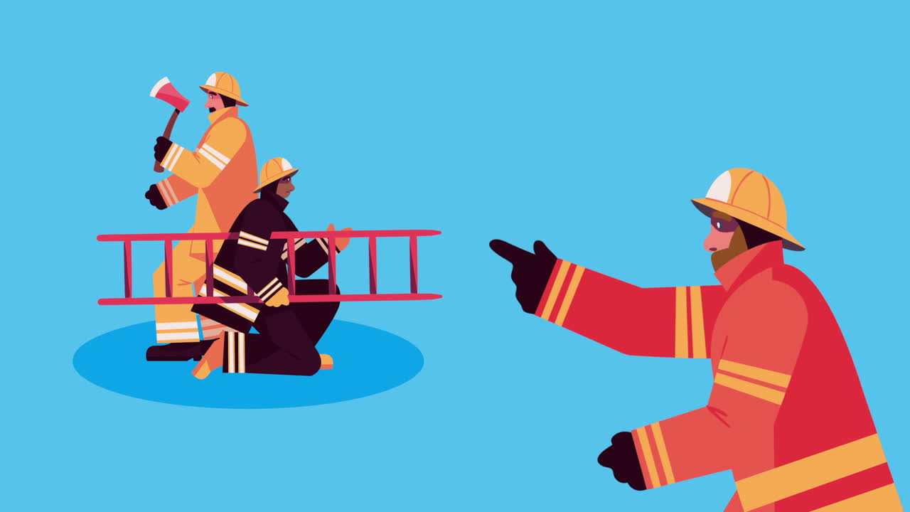 소방관과 계단 애니메이션을 가진 노동자