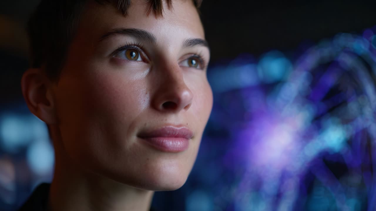 A thoughtful individual gazes onward against a backdrop of futuristic digital visuals, embodying curiosity and a profound connection to technology and creativity in a modern aesthetic environment