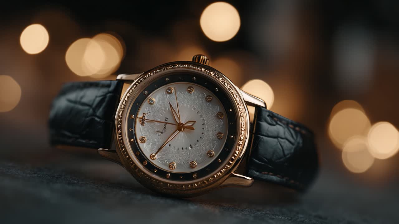 Elegant Close-Up of a Luxurious Gold Watch with Sparkling Dial and Detailed Watch Face, Highlighted by Soft Bokeh Background Lighting