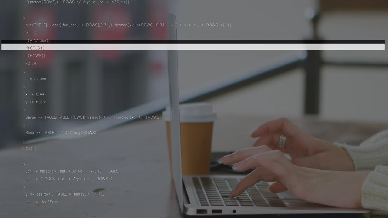 Animation of data processing over hands using laptop