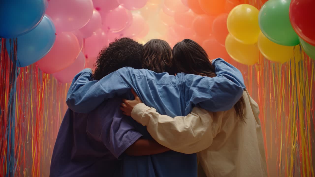 Three Friends Embracing in a Vibrant Celebration Surrounded by Colorful Balloons and Streamers, Capturing a Moment of Connection and Joy in a Playful Atmosphere