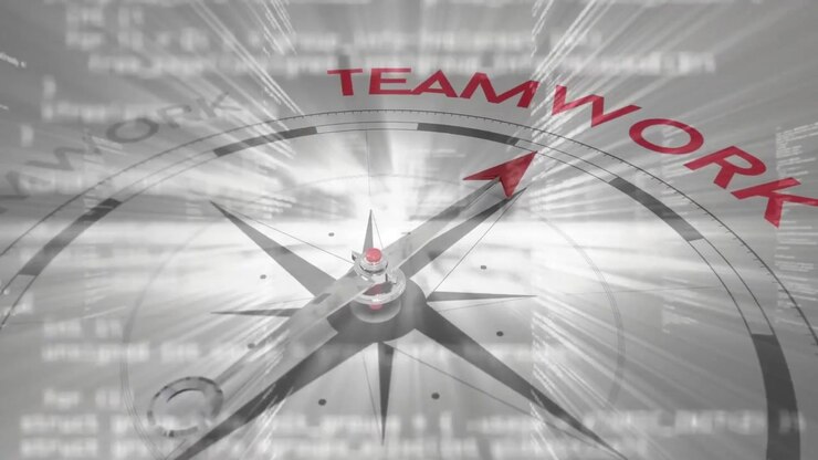 Streaming code panels and light rays starting compass needle rotating under TEAMWORK showing unity