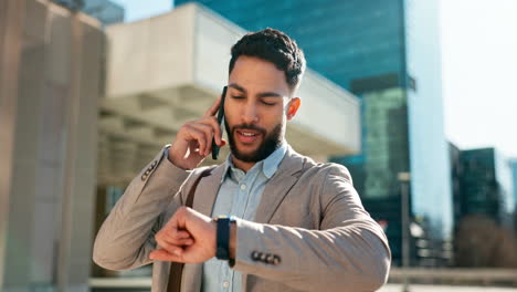 city, phone call and business man with time