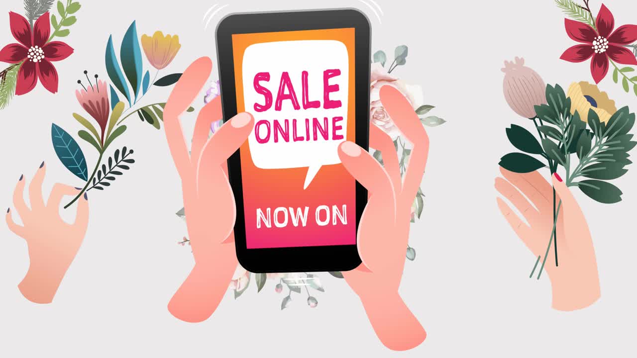 온라인 판매의 애니메이션 이제 스마트폰의 텍스트에서 꽃이 최면 운동으로 움직입니다.