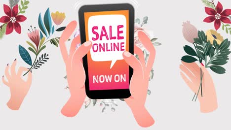 animation of sale online now on text on smartphone over flowers moving in hypnotic motion