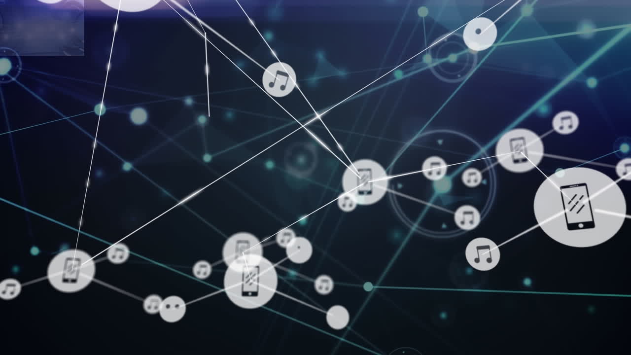 Animation of network of digital icons and light trails against blue background