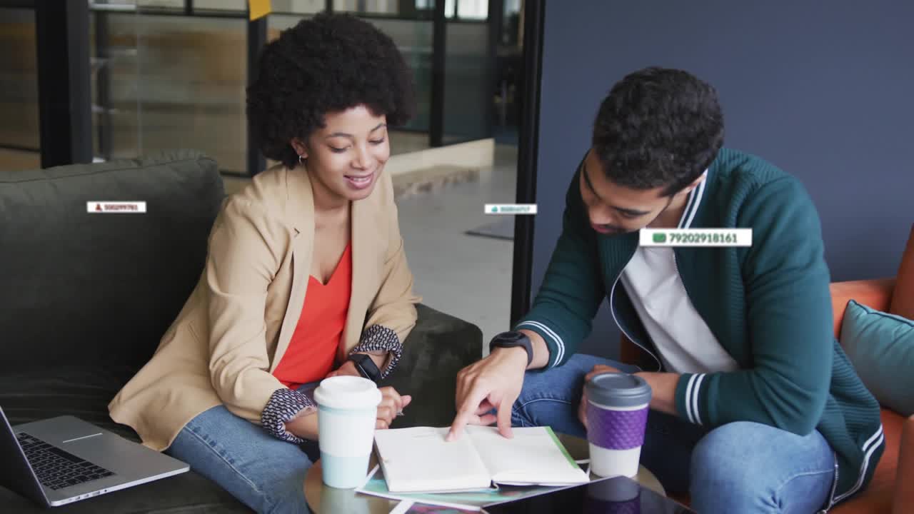 Business team pointing, data tags appearing, clustering near notebook, reducing as notes finalizing