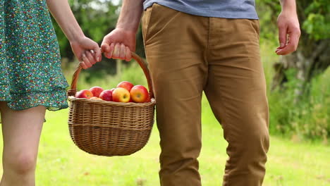 couple holding basket full of apples