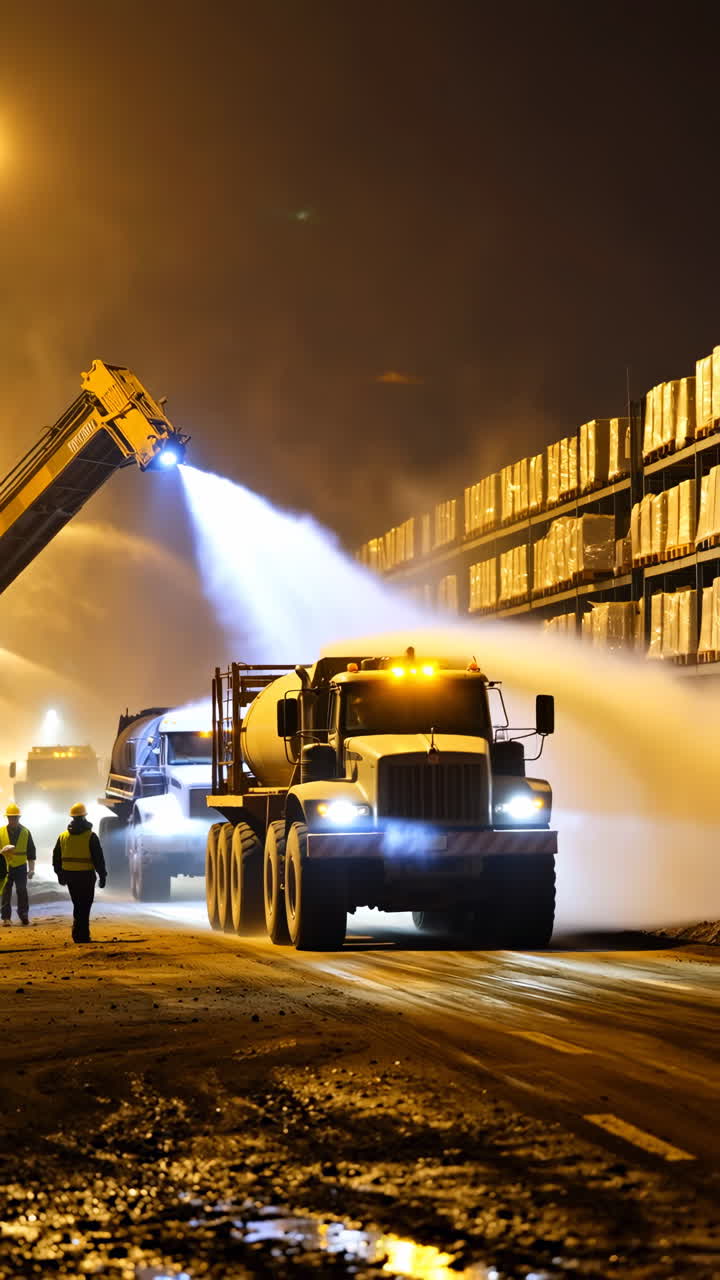 Nighttime Industrial Work with Heavy Equipment and Water Trucks