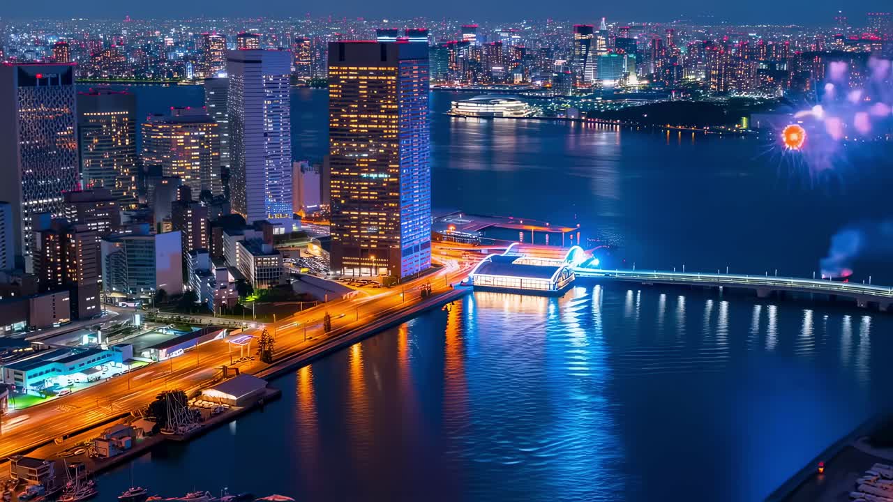 Vibrant fireworks illuminating modern cityscape, reflecting on water surface, creating mesmerizing nighttime visual spectacle during festive celebration