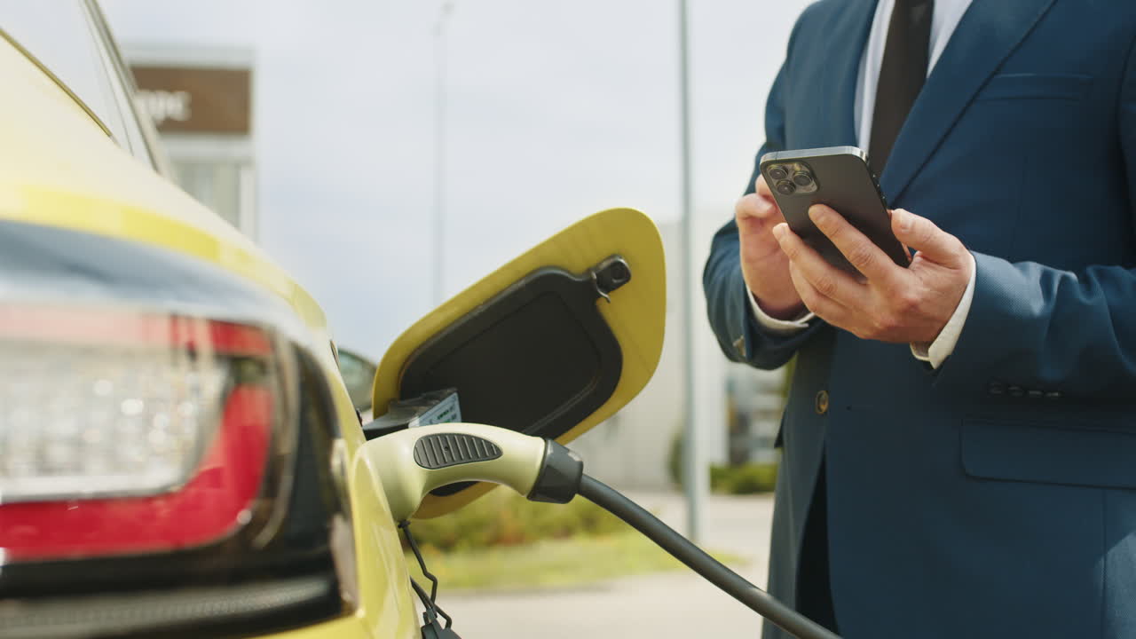 전기 차량을 충전하는 사업가