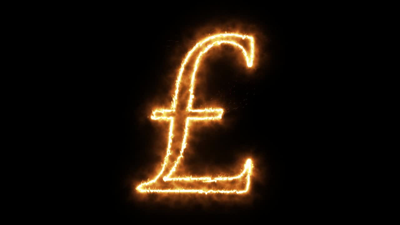 Pound sterling symbol of burning flame. British pound symbol made from fire flame. Flaming burn font or bonfire alphabet text with sizzling fiery shining heat effect. 3D rendering.