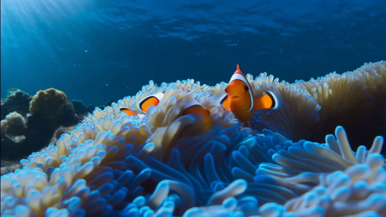 Canlı Mavi Bir Anemonda İki Palyaço Balığı