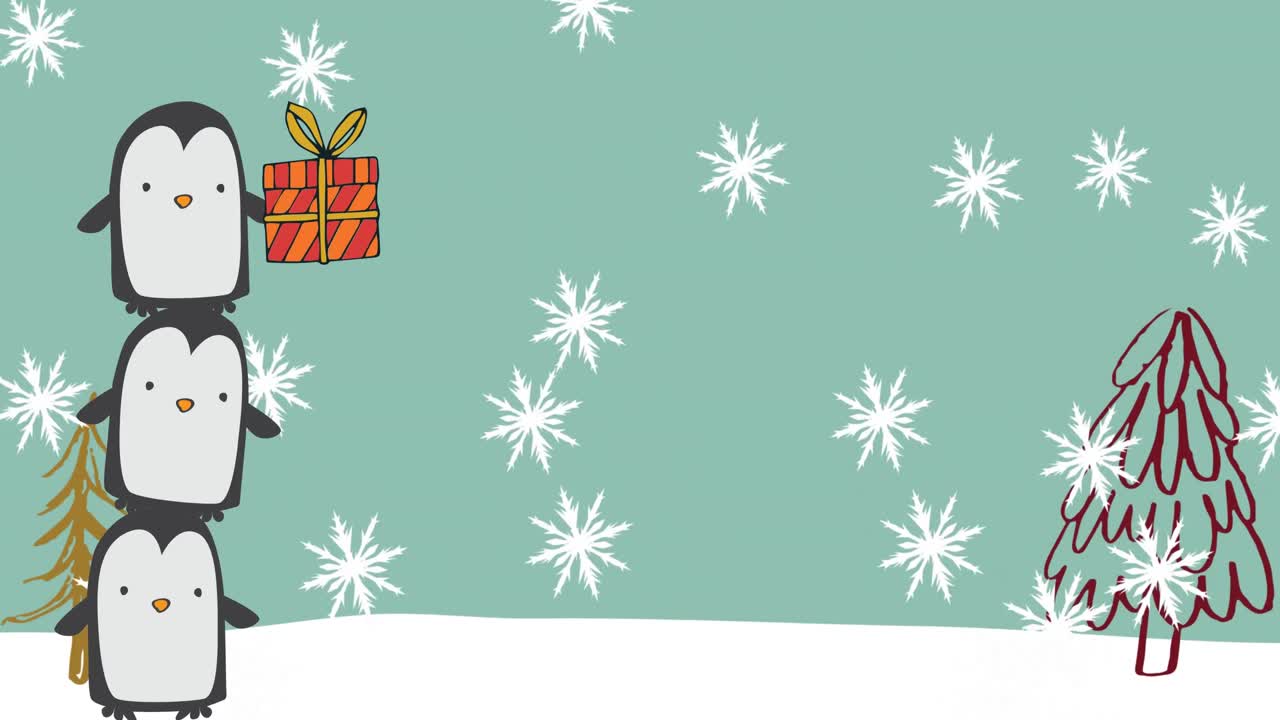 animación de nieve que cae y pingüinos sobre fuegos artificiales