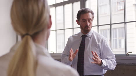 Businessman-in-a-meeting,-female-colleague-in-foreground