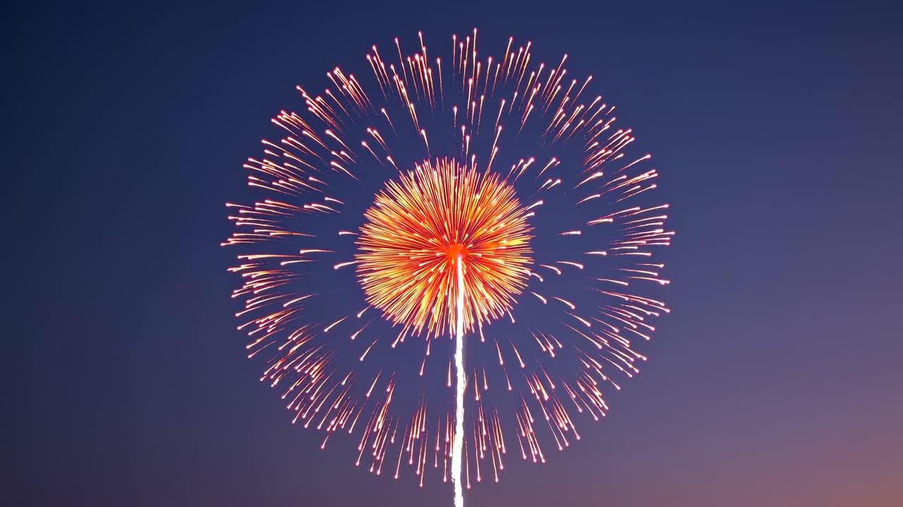 Un vivace fuoco d'artificio esplode in un cielo crepuscolare, ripreso da un'inquadratura dal basso
