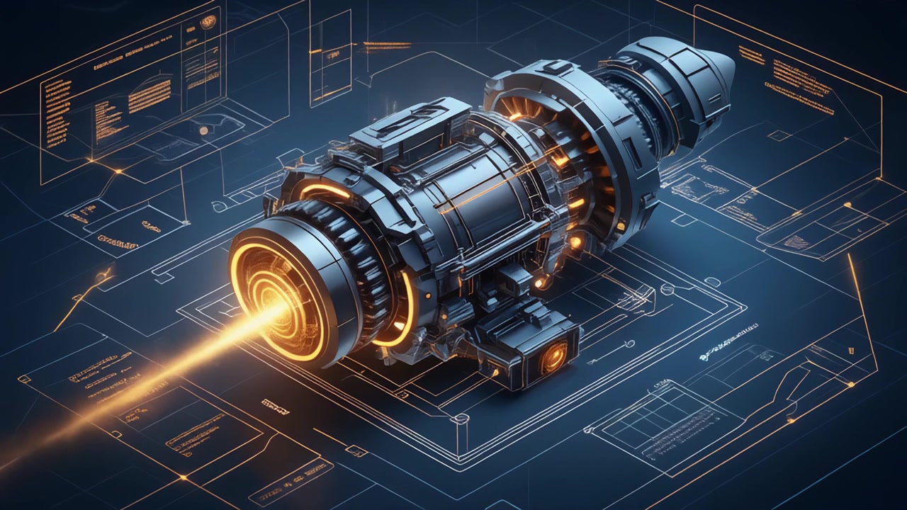 Futuristic Engine Prototype with Glowing Energy Beam on Technical Blueprint