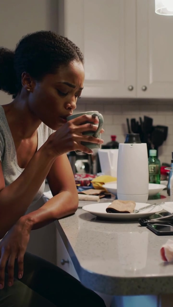 Vertical video: Reaching woman in gray tee sniffing, sipping green mug at counter while reflecting