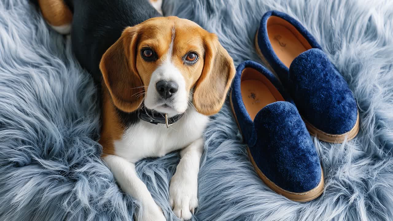 Un adorabile beagle immerso in una morbida pelliccia sintetica, che si rilassa accanto a un paio di comode pantofole blu, catturando un momento di tranquillità e comfort