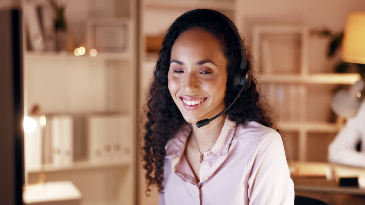 Customer support, happy and face of woman at night