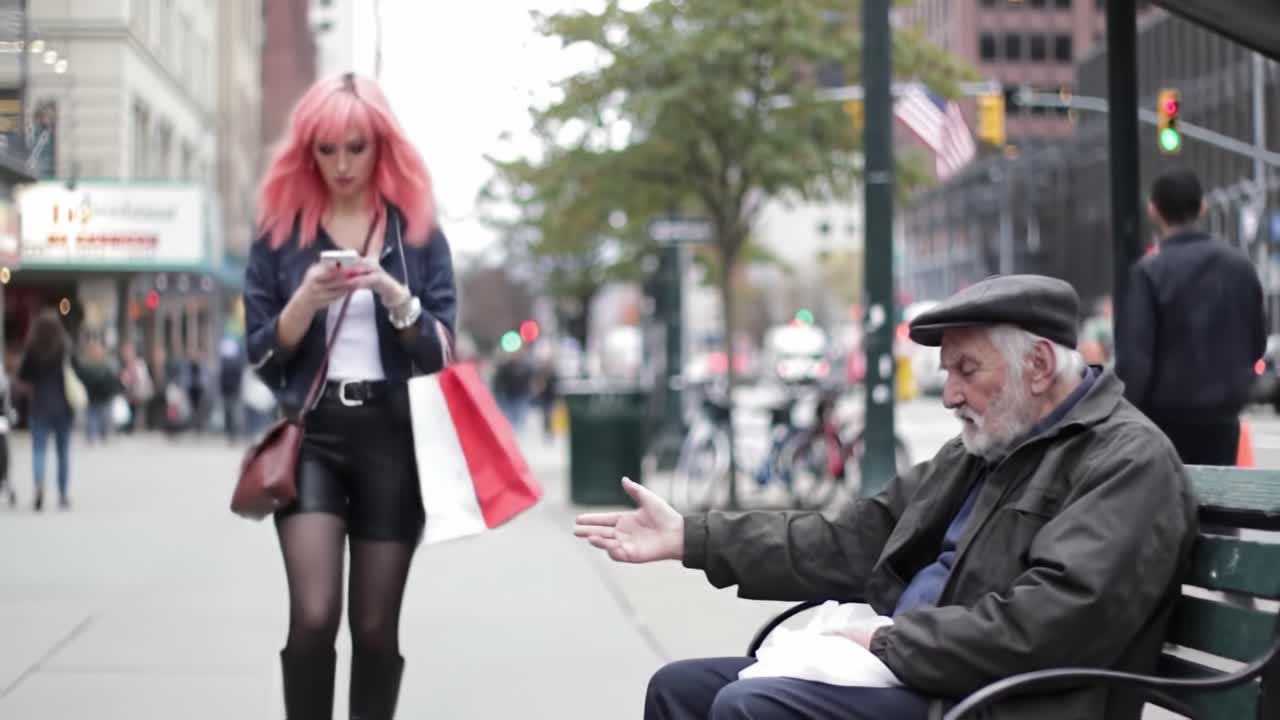A stark contrast between urban life and individual stories: A young woman absorbed in her phone walks past an older man seeking connection on a bustling city street.