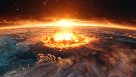 A fiery explosion is depicted in the sky, with the sun shining brightly in the background. The scene is intense and dramatic, with the fire and smoke filling the sky