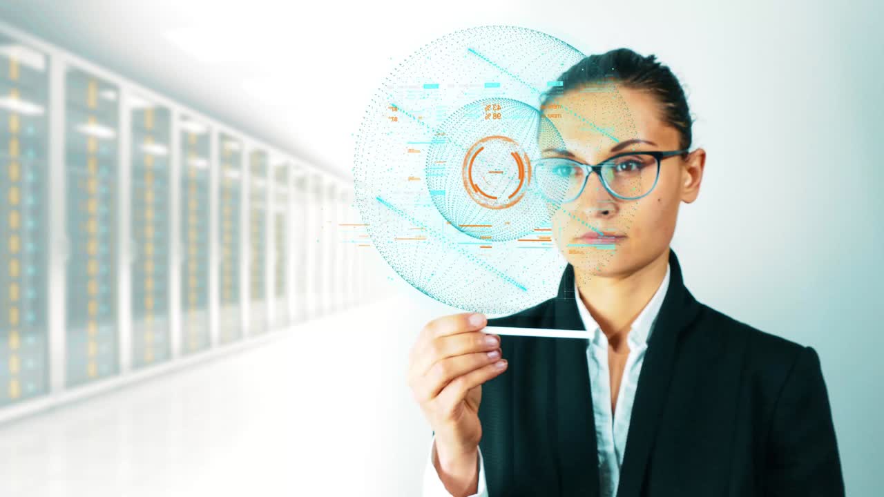 mujer de negocios trabajando en una interfaz holográfica. la mujer yong en la chaqueta, tocando la pantalla visual