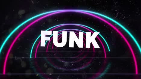 Animation-of-funk-in-white-text-with-colourful-distortion-and-neon-arches-on-black-background