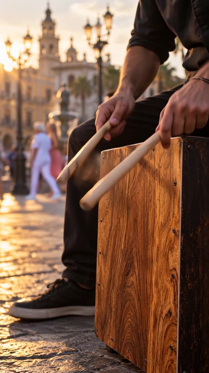 Una vista ravvicinata segue i movimenti alternati delle mani su una scatola di percussioni in legno caldo, mentre la bassa luce del sole serale risplende sul pavimento in pietra, con pedoni ed edifici leggermente sfocati sullo sfondo