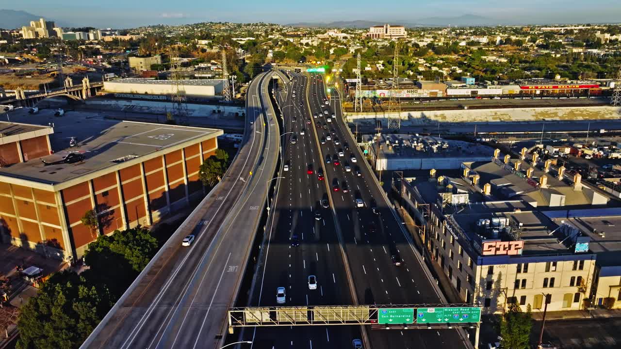 Aerial view of freeway Los Angeles downtown