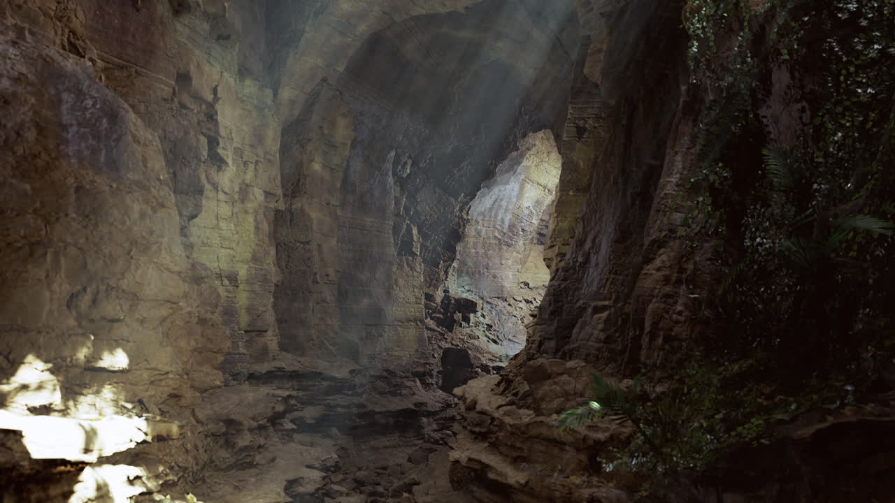 Exploration of a breathtaking cave with sunlight filtering through the entrance