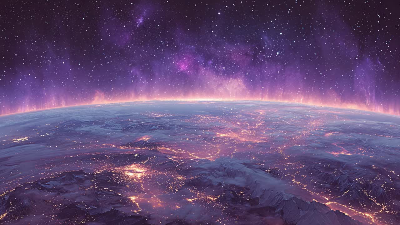 A Stunning View of the Earth at Night, Showcasing Cities Illuminated by Artificial Lights Under a Cosmic Sky Filled with Stars and a Colorful Aurora Background