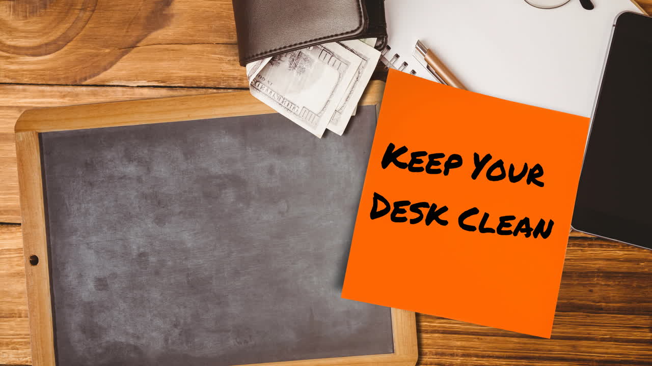 책상을 깨 ⁇ 하게 유지하는 애니메이션 메모 메모에 있는 텍스트 책상에 있는 칠판 위에