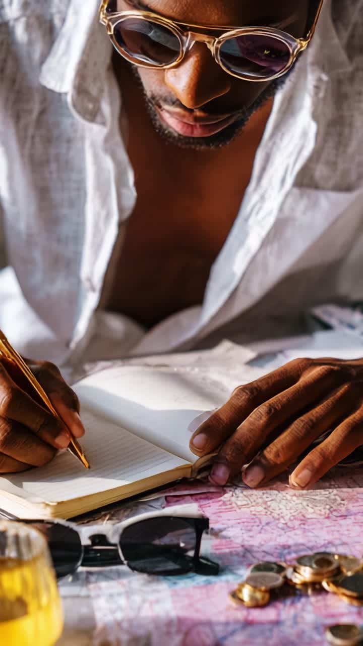 A focused individual engages in creative writing while seated at a stylish surface adorned with sunglasses and scattered coins, capturing a moment of inspiration and reflection