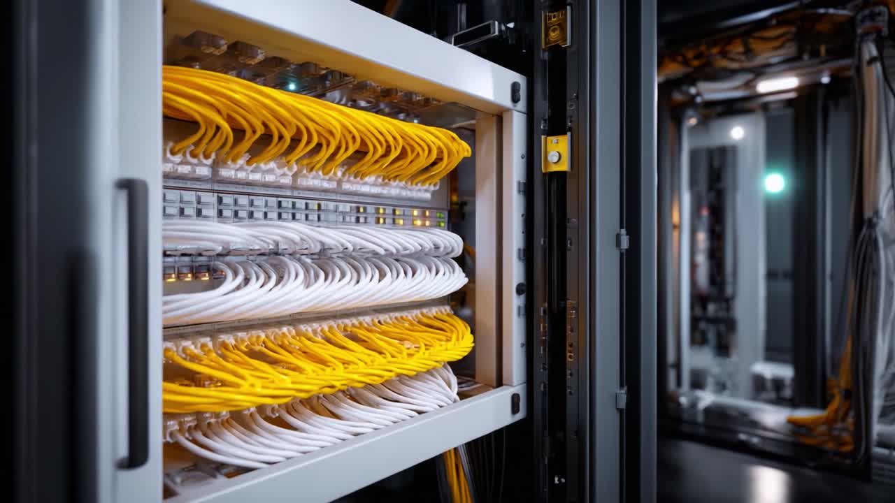 Detailed View of Networking Equipment: A Close-Up Look at Organized Cables and Server Infrastructure in an Industrial Setting for Enhanced Connectivity and Performance