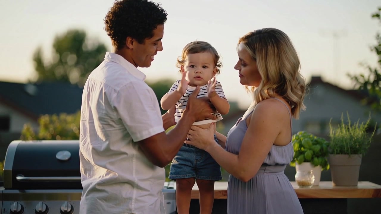 Genitori che sollevano e tengono fermo il bambino con maglietta a righe su uno sgabello bianco dopo essersi seduto, sul patio per l'equilibrio