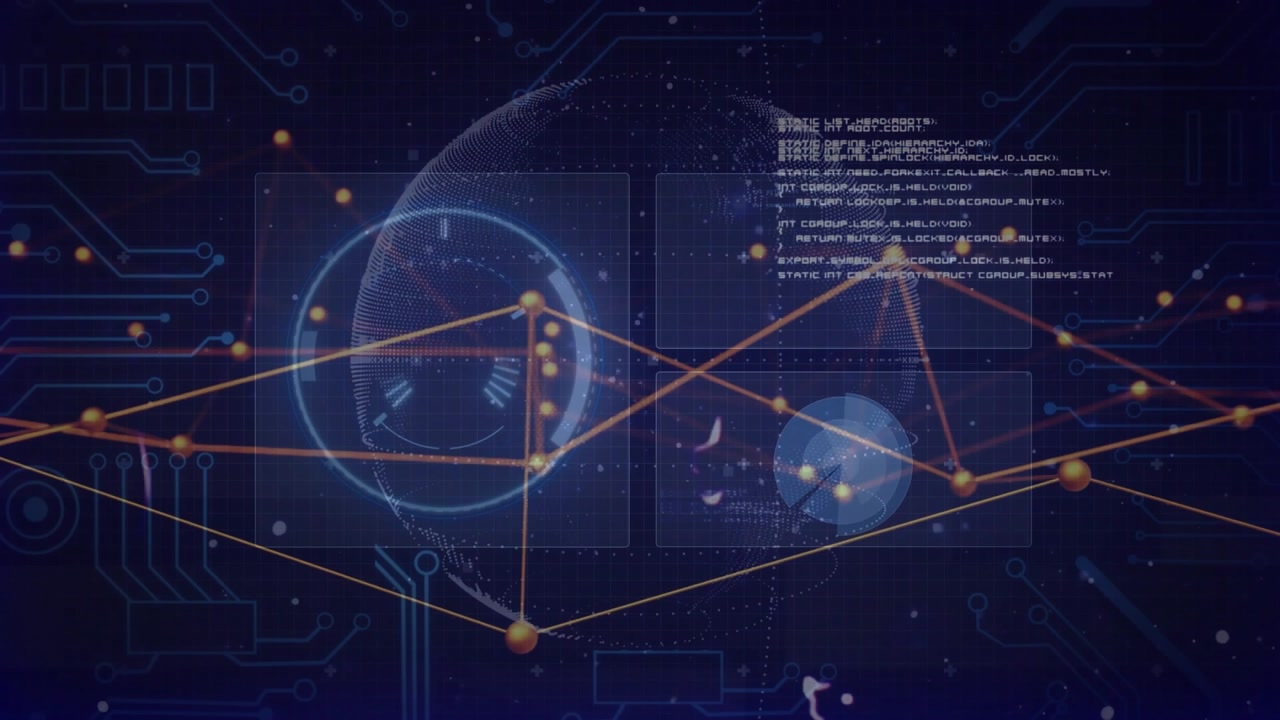 Globe appearing, left HUD rotating, right orb pulsing, nodes converging, visualizing analytics