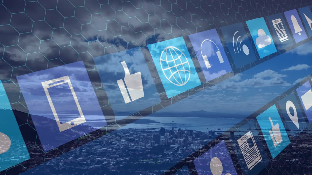 animación de la red de conexiones con iconos digitales sobre nubes