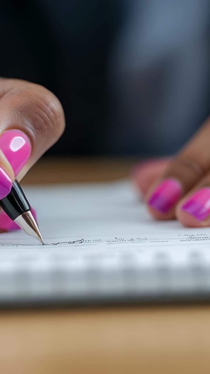 Video verticale: Penna nera che tocca la carta iniziando a scrivere con la mano destra su un quaderno a righe su scrivania, unghie rosa.