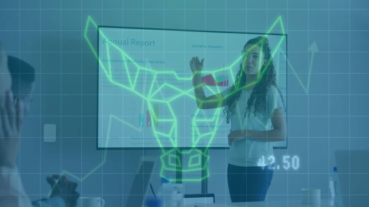 Presenting annual report, woman with holographic bull animation over financial data