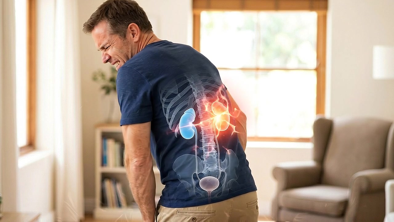 Rear view of man pressing glowing lower back with spinal overlay with visible discomfort