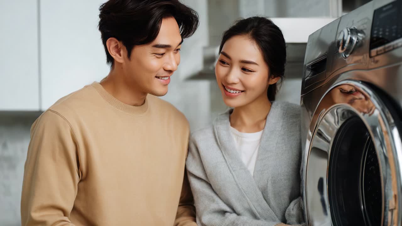 A Joyful Couple Smiling While Doing Laundry Together in Their Modern Kitchen, Showcasing the Bond of Partnership and Everyday Life as They Engage with Each Other and the Washing Machine