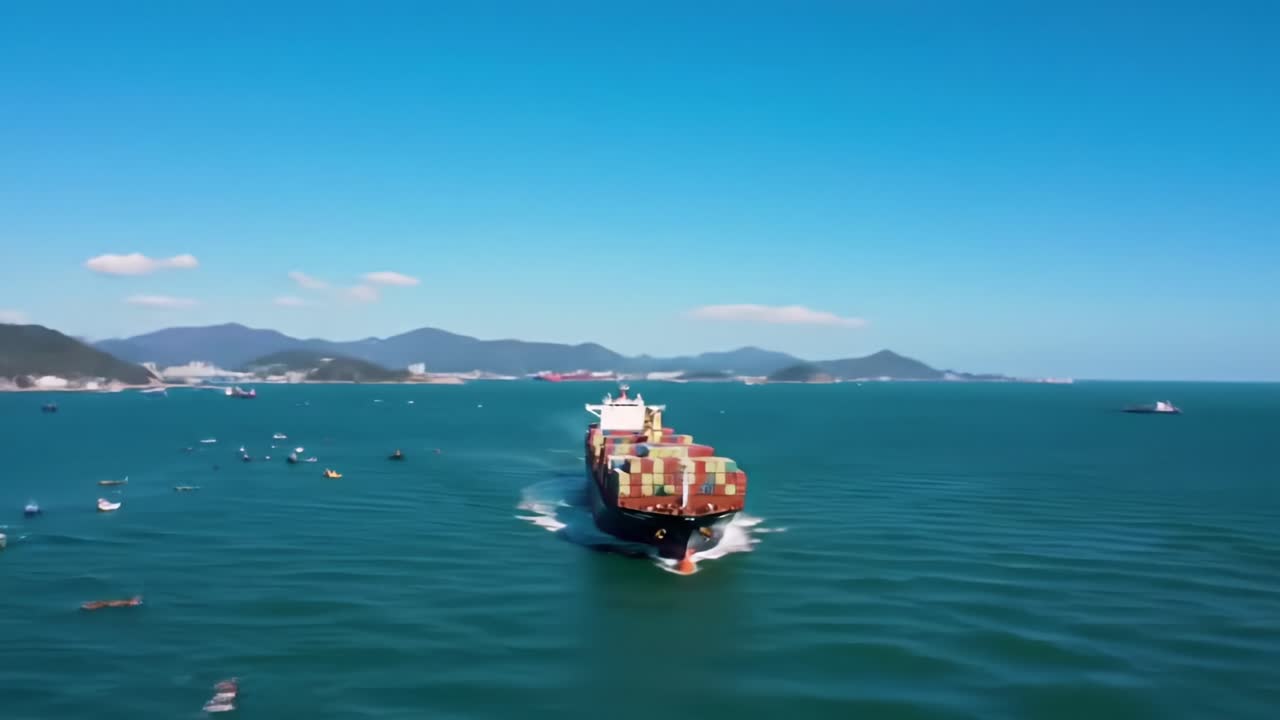 Aerial View of a Container Ship Navigating Through Calm Waters, Surrounded by Small Boats and Scenic Coastal Landscapes Under Clear Blue Skies